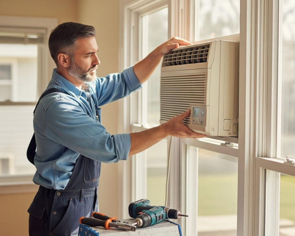 A man works on installing an air conditioner in a room, surrounded by tools & equipment for the task.