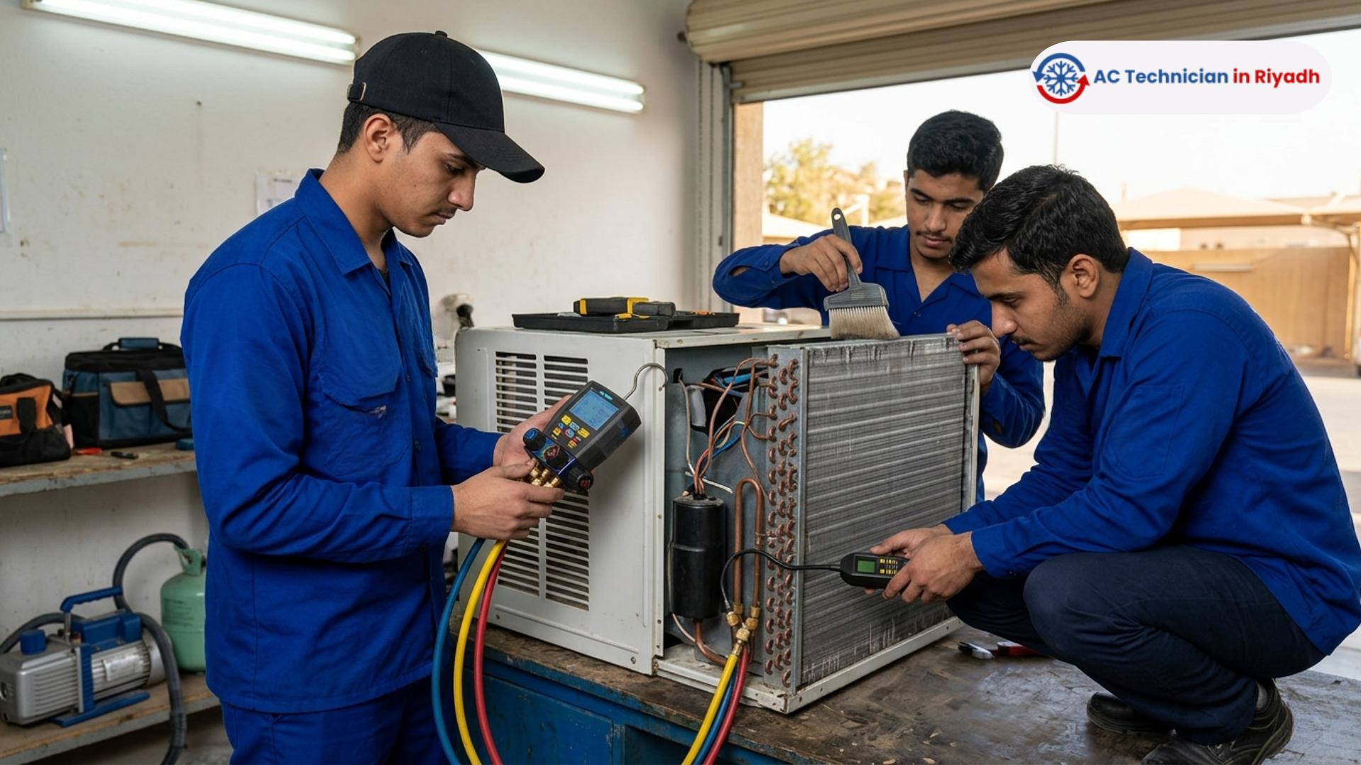 Professional technicians repairing window AC unit in Riyadh workshop using digital gauges.