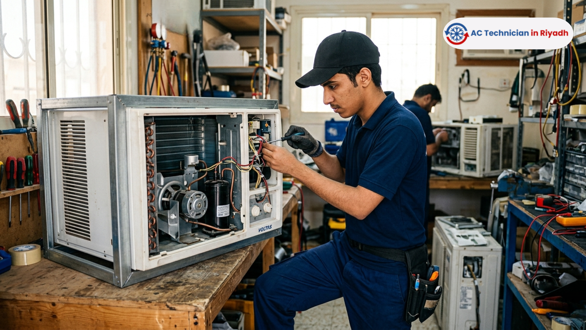 A professional young technician in a dark blue uniform and black cap performing precision repairs on a window air conditioning unit in a Riyadh workshop.