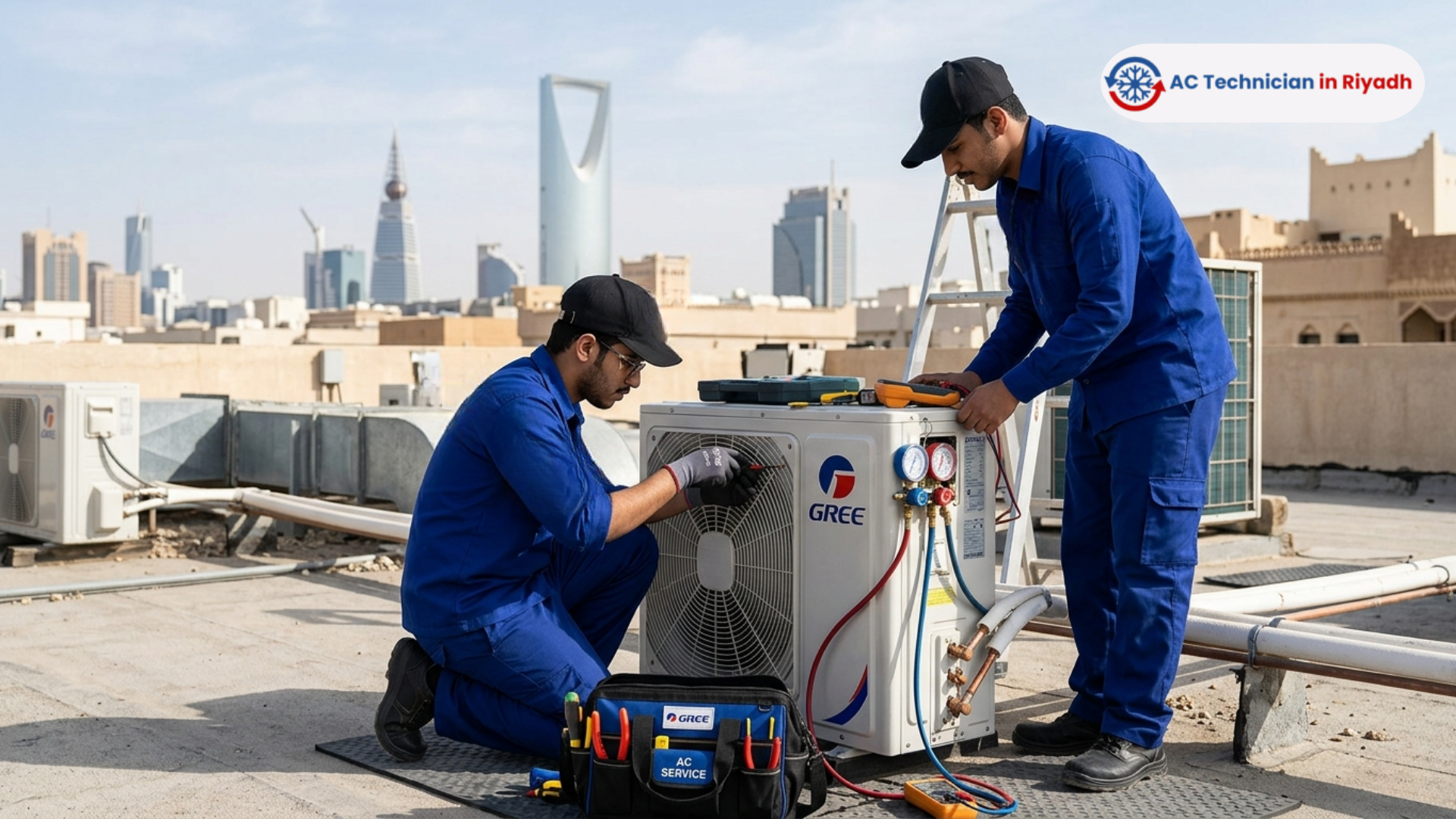 Two professional technicians in blue uniforms repairing a Gree AC outdoor unit on a Riyadh rooftop with the city skyline.