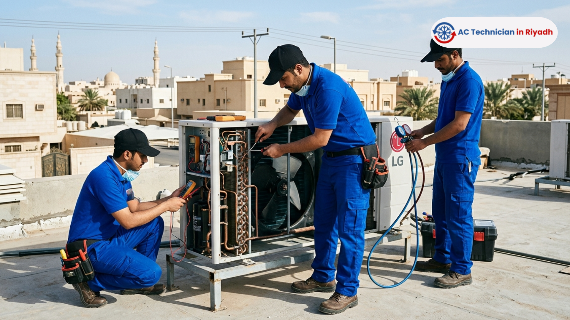 A team of young technicians in blue uniforms and black caps repairing an LG air conditioning unit on a rooftop in Riyadh, Saudi Arabia.