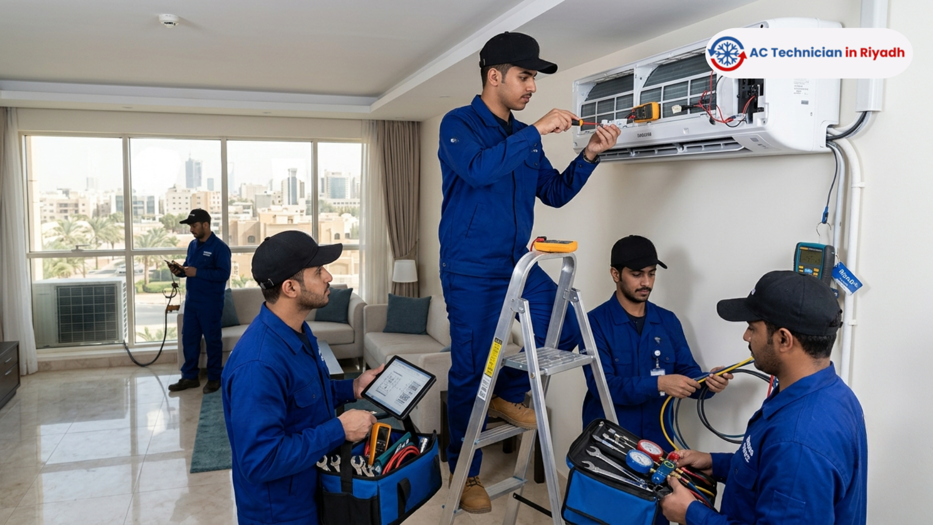 Professional team of technicians in blue uniforms and black caps repairing a Samsung air conditioning unit in a Riyadh apartment.