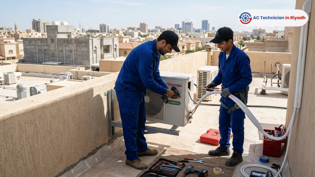 Two young technicians in blue uniforms and black caps installing a split AC unit on a rooftop with the Riyadh city skyline in the background.