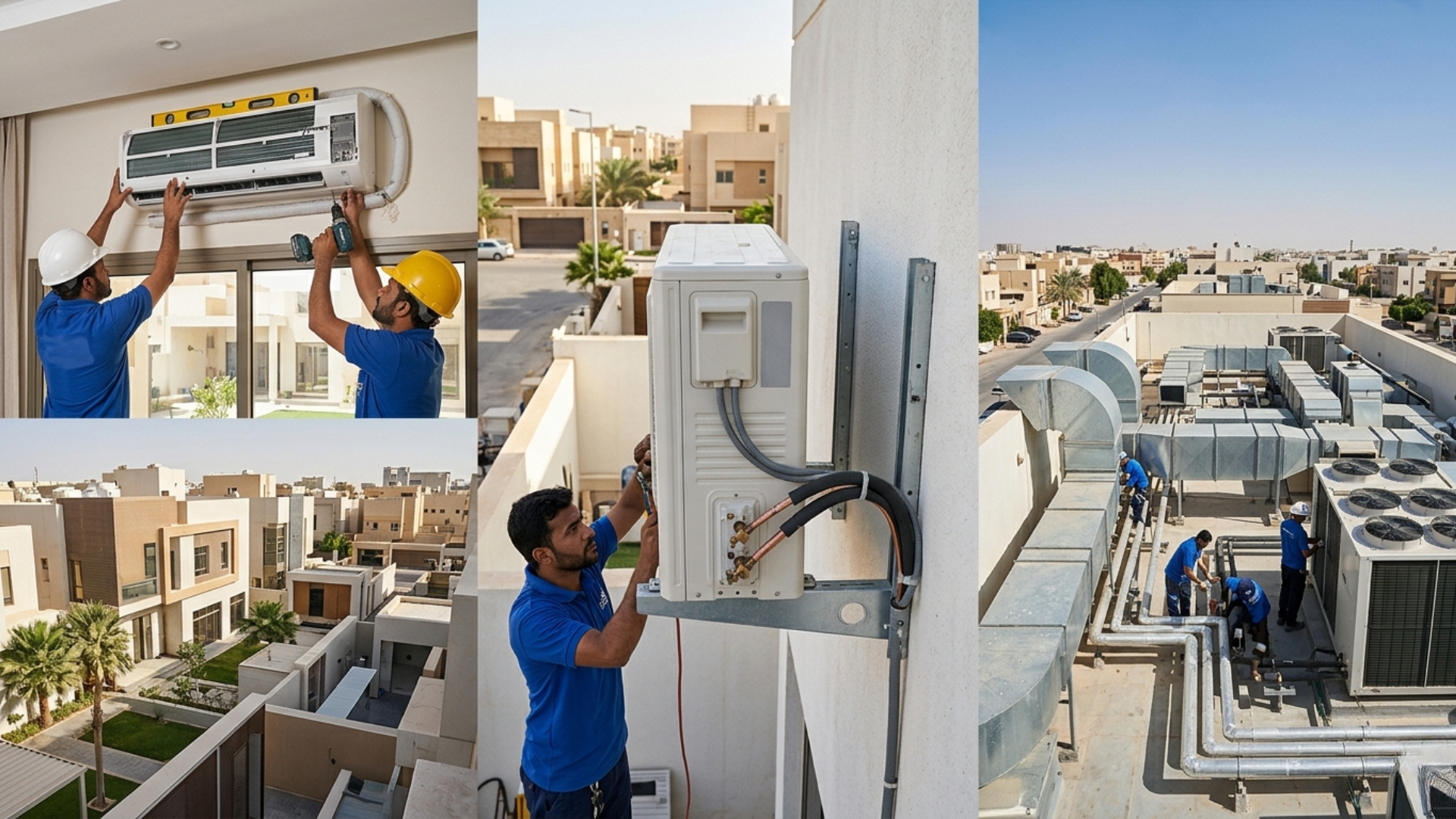 Professional HVAC technicians installing a split AC unit on a residential wall and managing central ducted cooling systems on a rooftop in Riyadh
