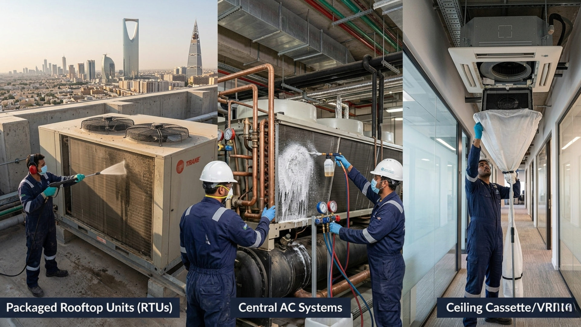Professional technicians performing maintenance on diverse industrial cooling systems in Riyadh, including a rooftop RTU, a central chiller unit, and an indoor ceiling cassette with a "clean-catch" bag.