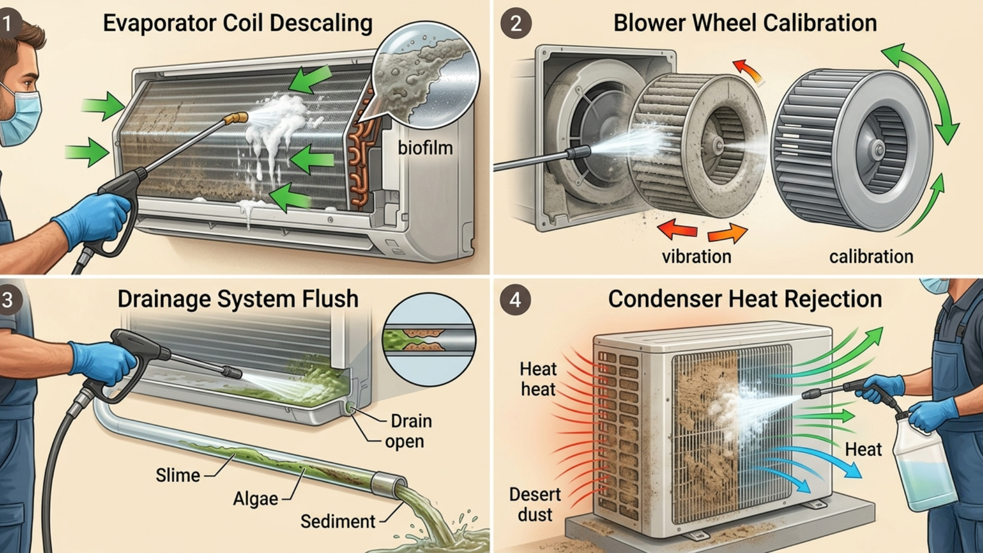 Image Optimization Details Alt Text A four-panel technical illustration showing a professional technician performing deep cleaning on an AC unit: descaling evaporator coils, pressure washing a blower wheel, flushing the drainage system, and chemically cleaning outdoor condenser fins.