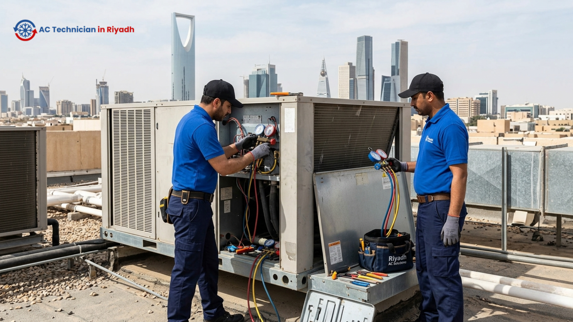Two AC technicians in blue uniforms and black caps repairing a large central air conditioning unit on a rooftop in Riyadh, featuring the city skyline in the background.