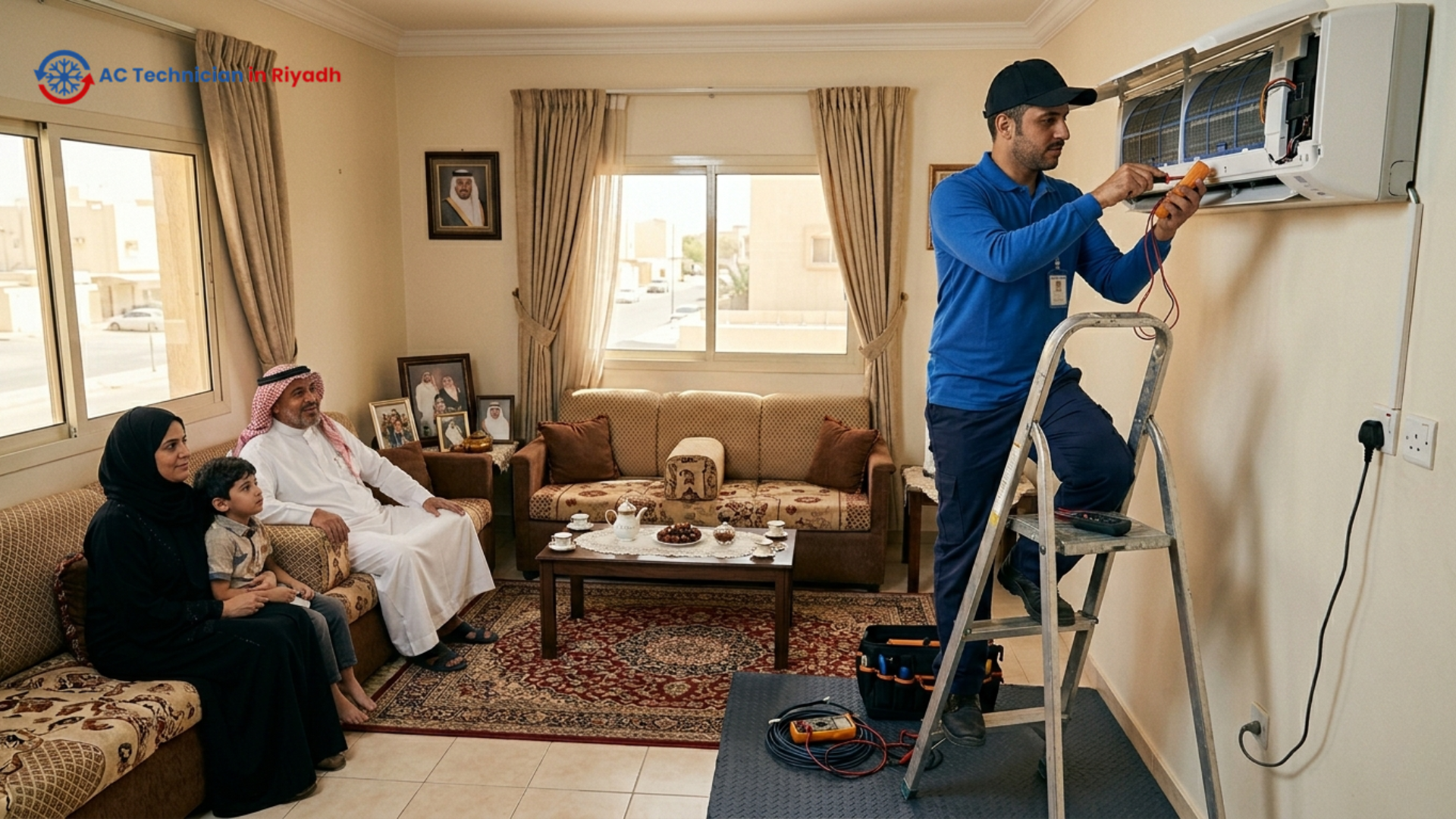 AC technician in blue uniform and black cap repairing a split unit in a Riyadh family home.