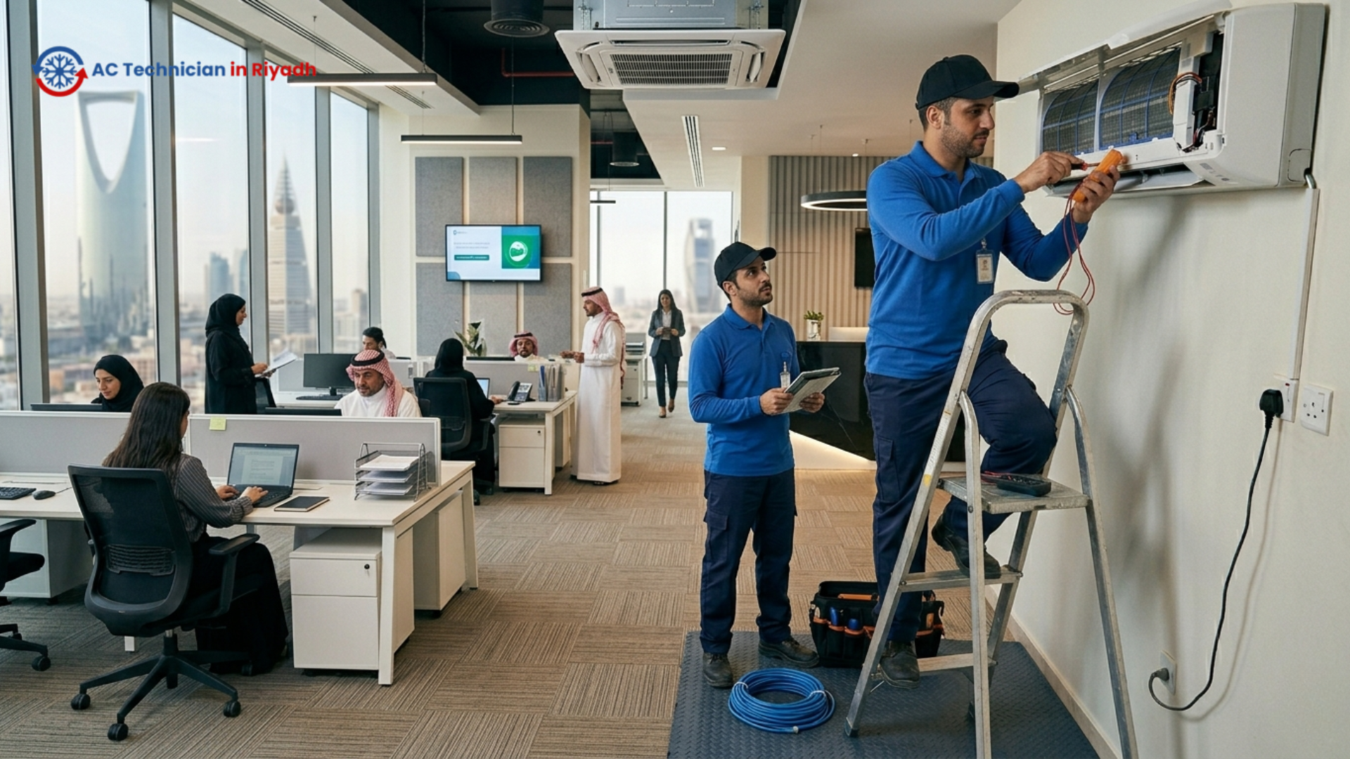 AC technicians in blue uniforms repairing a split unit in a busy Riyadh high-rise office with Kingdom Centre view.