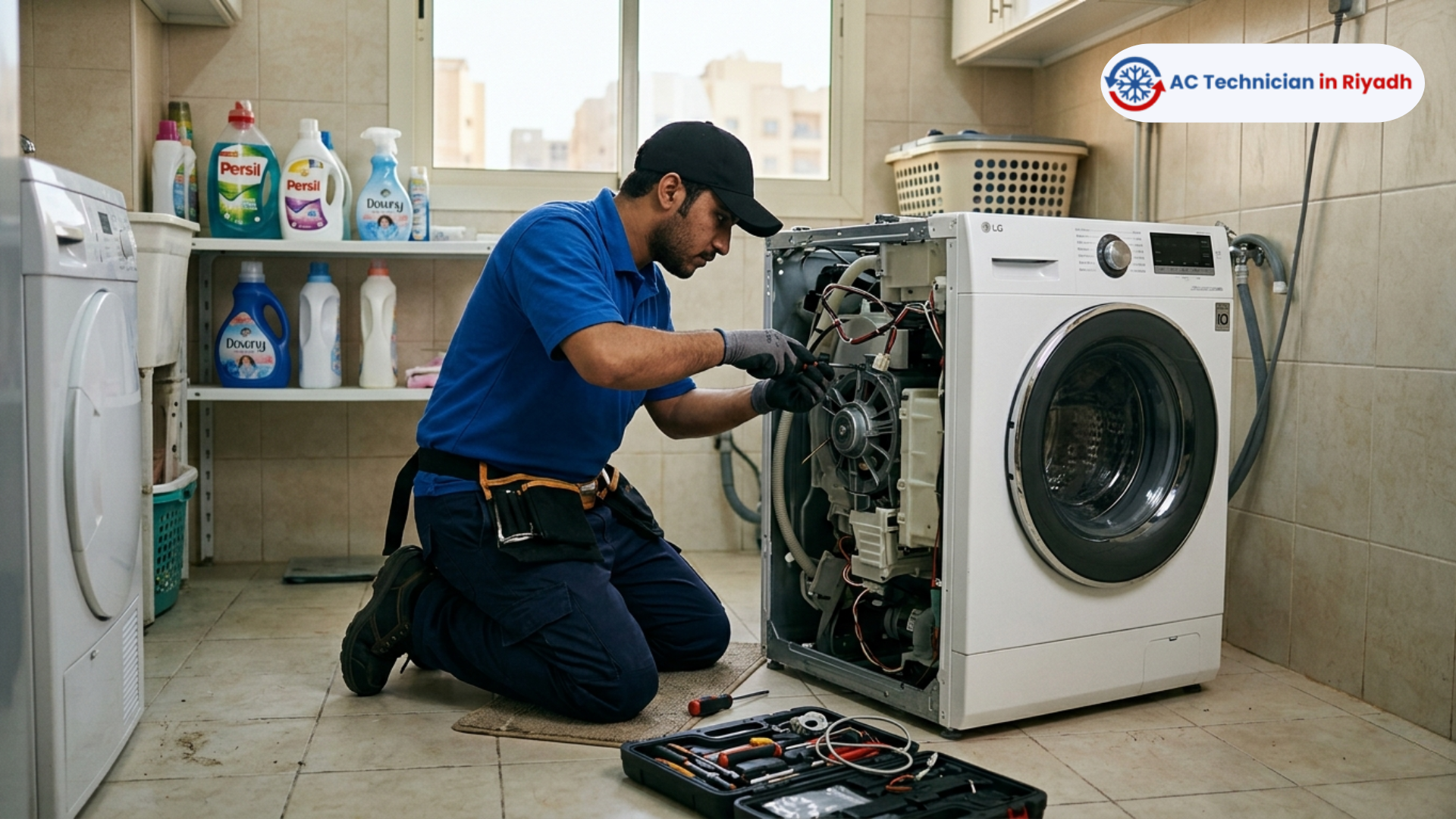 Expert front-load washing machine repair service in Riyadh by a skilled technician using professional tools.