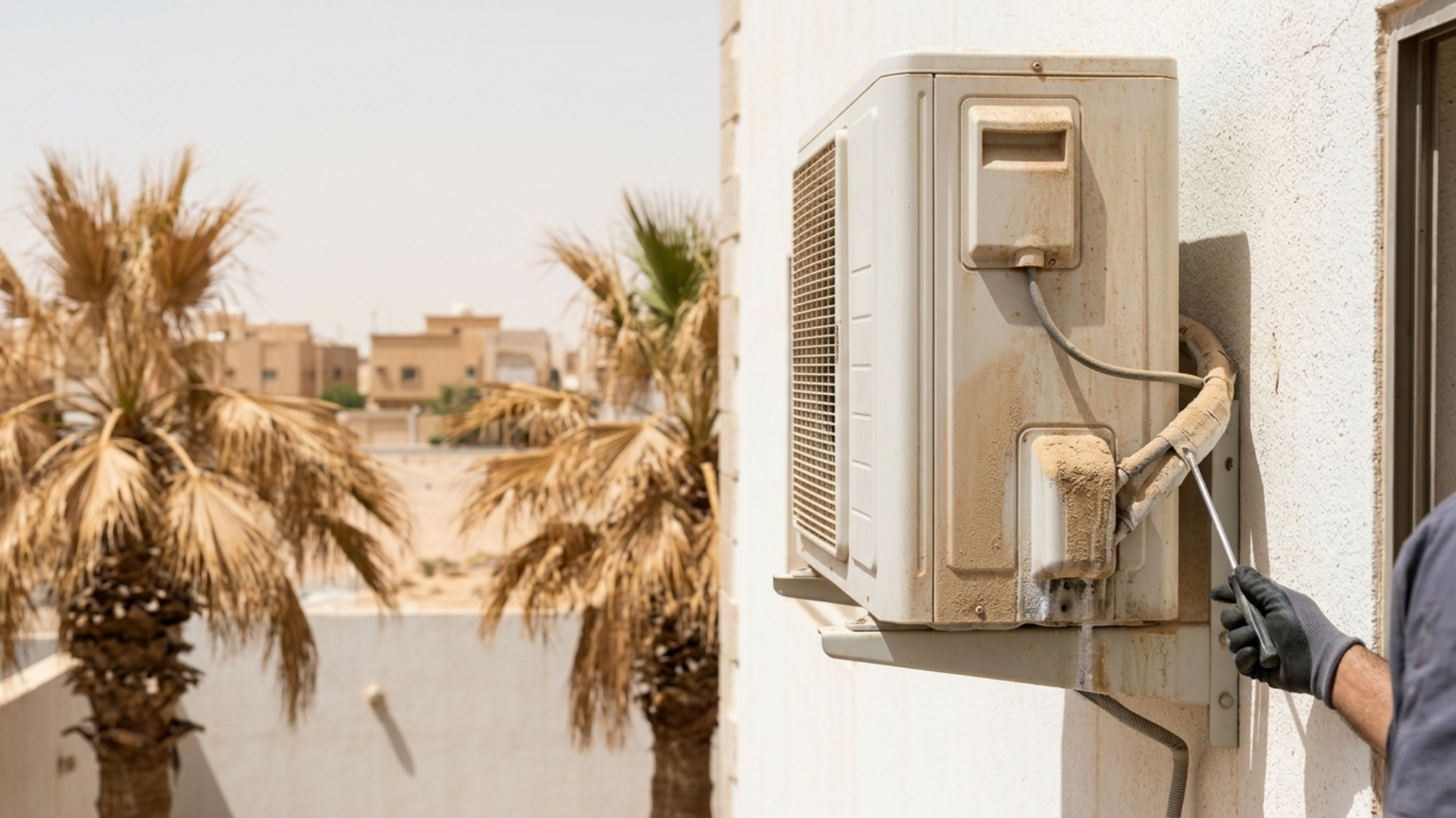AC technician repairing a dusty outdoor unit in Riyadh Saudi Arabia