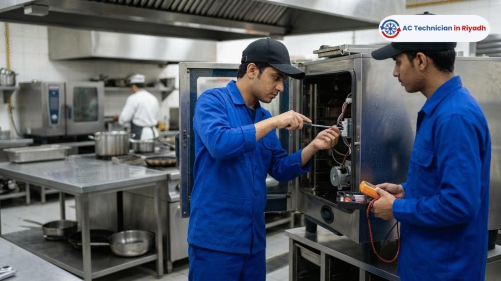 Young technicians in blue uniforms repairing a commercial oven in a Riyadh professional kitchen.