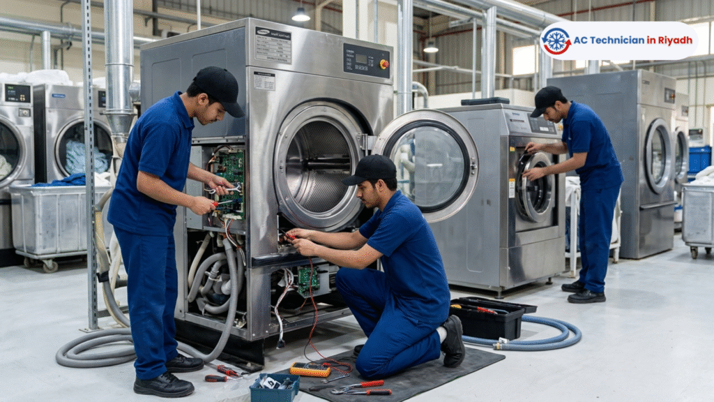 Young repair team in blue uniforms fixing an industrial washing machine's PCB board in a Riyadh laundry facility.