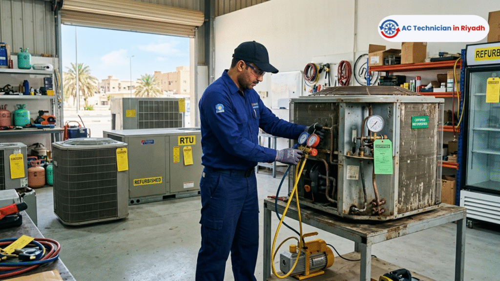Refurbished Central AC unit being tested with vacuum pump by an engineer in Riyadh workshop.