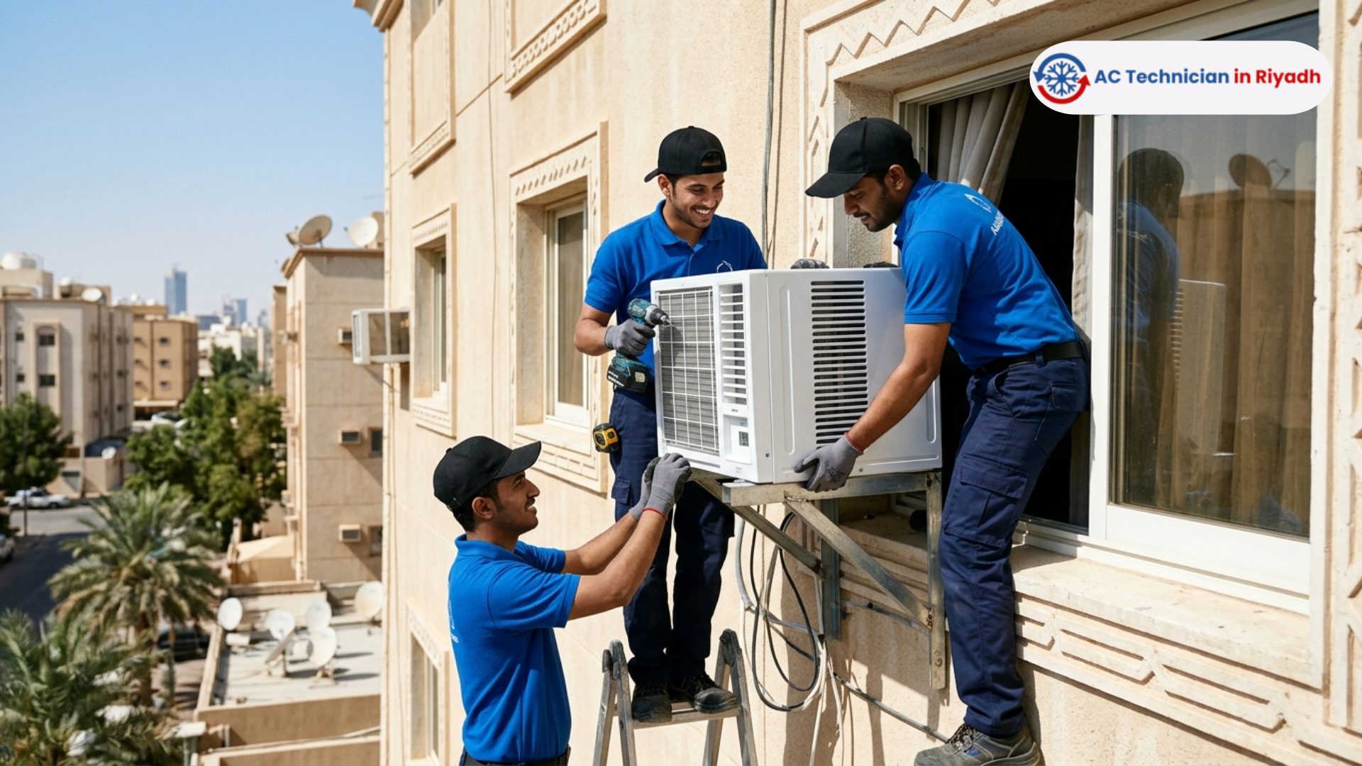 Young team in blue uniforms installing a window AC in Riyadh.